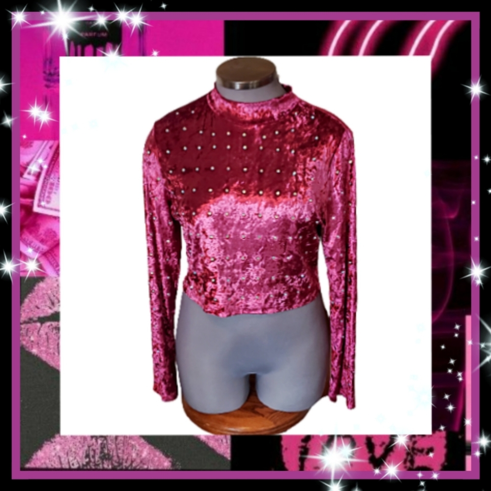 WINE ☆ CRUSHED VELVET ☆ RHINESTONE ACCENT ☆ HI NECK TOP ☆ 2x/3x ☆ NWOT